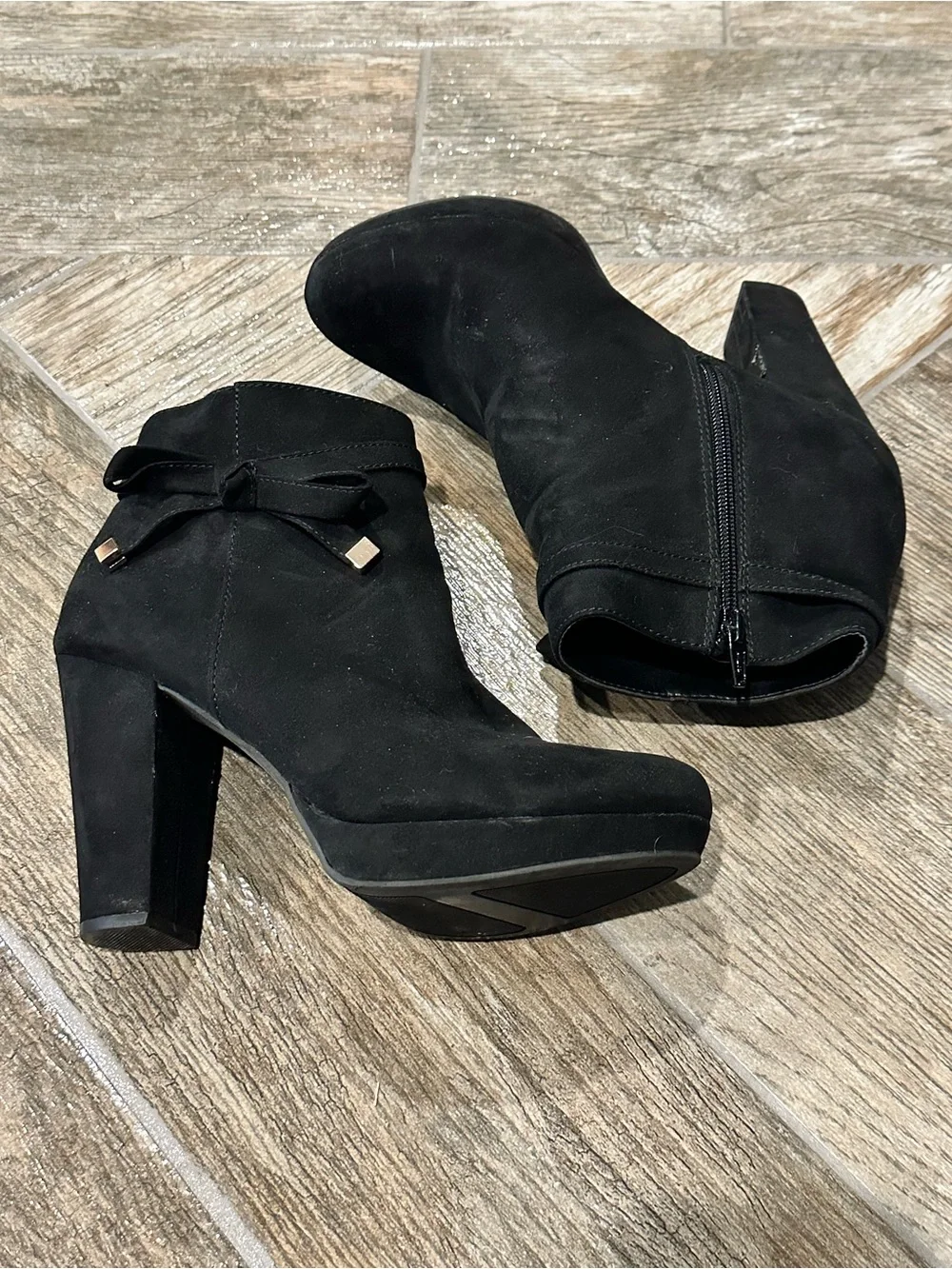 Women's Black Suede Ankle Boots with Side Bow Detail
